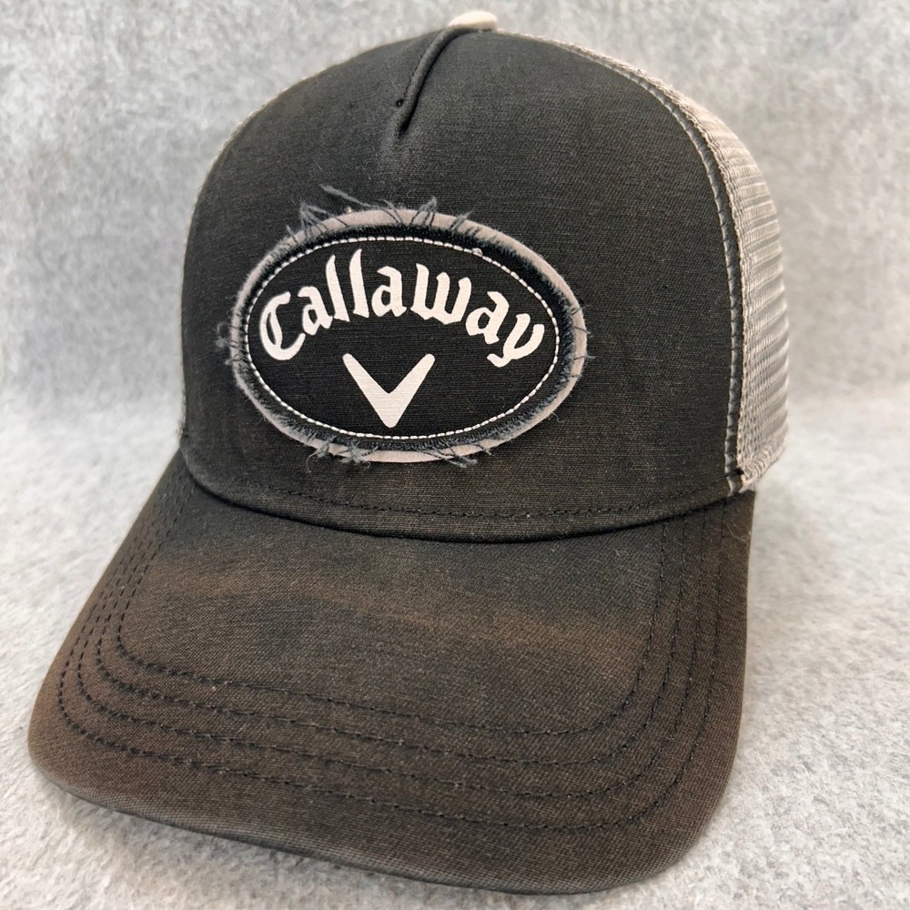 Callaway Distressed Logo Patch Mens Black Trucker Hat Mesh Snapback Golf Cap OS